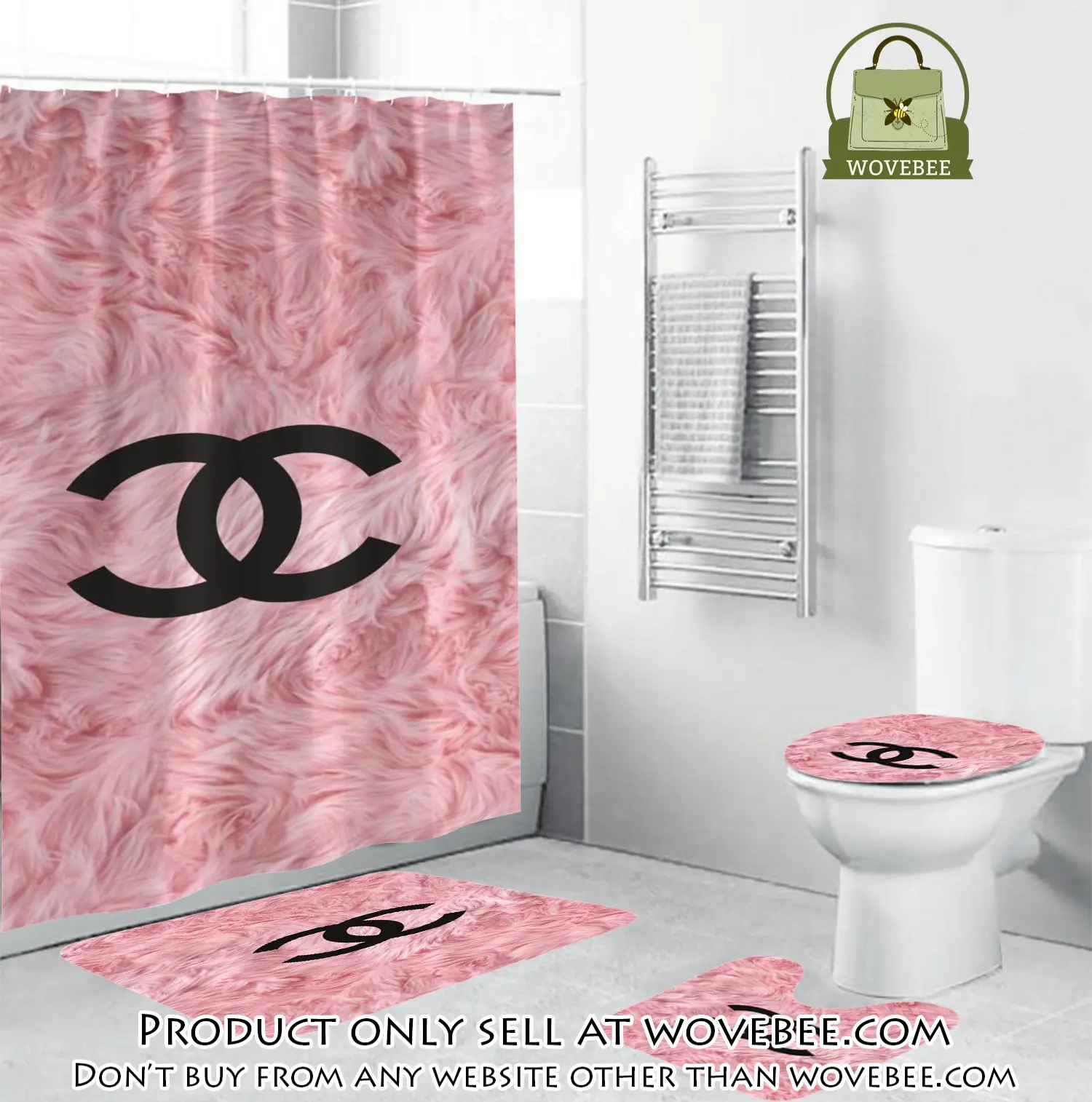 Coco chanel black logo in pink feather bathroom set shower curtain wvb4656994